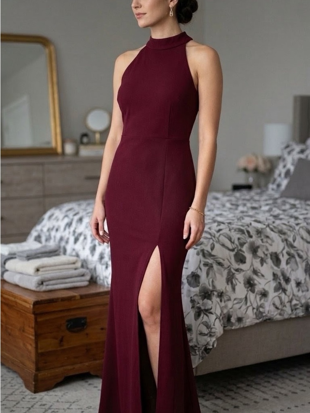 High-Neck Burgundy Halter Evening Gown with Front Slit